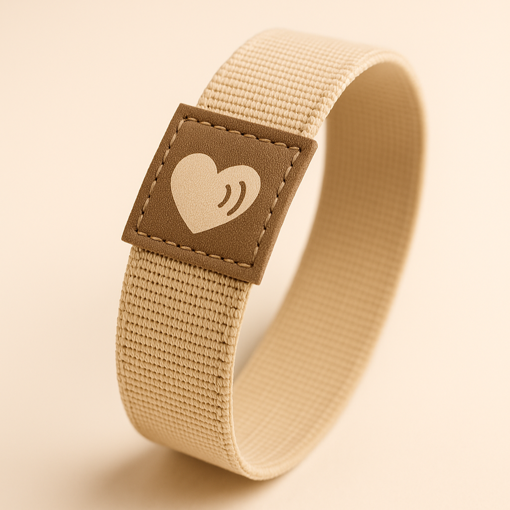 Sandfarbenes Sicherheitsarmband für Kinder mit Kontaktdaten auf NFC Chip